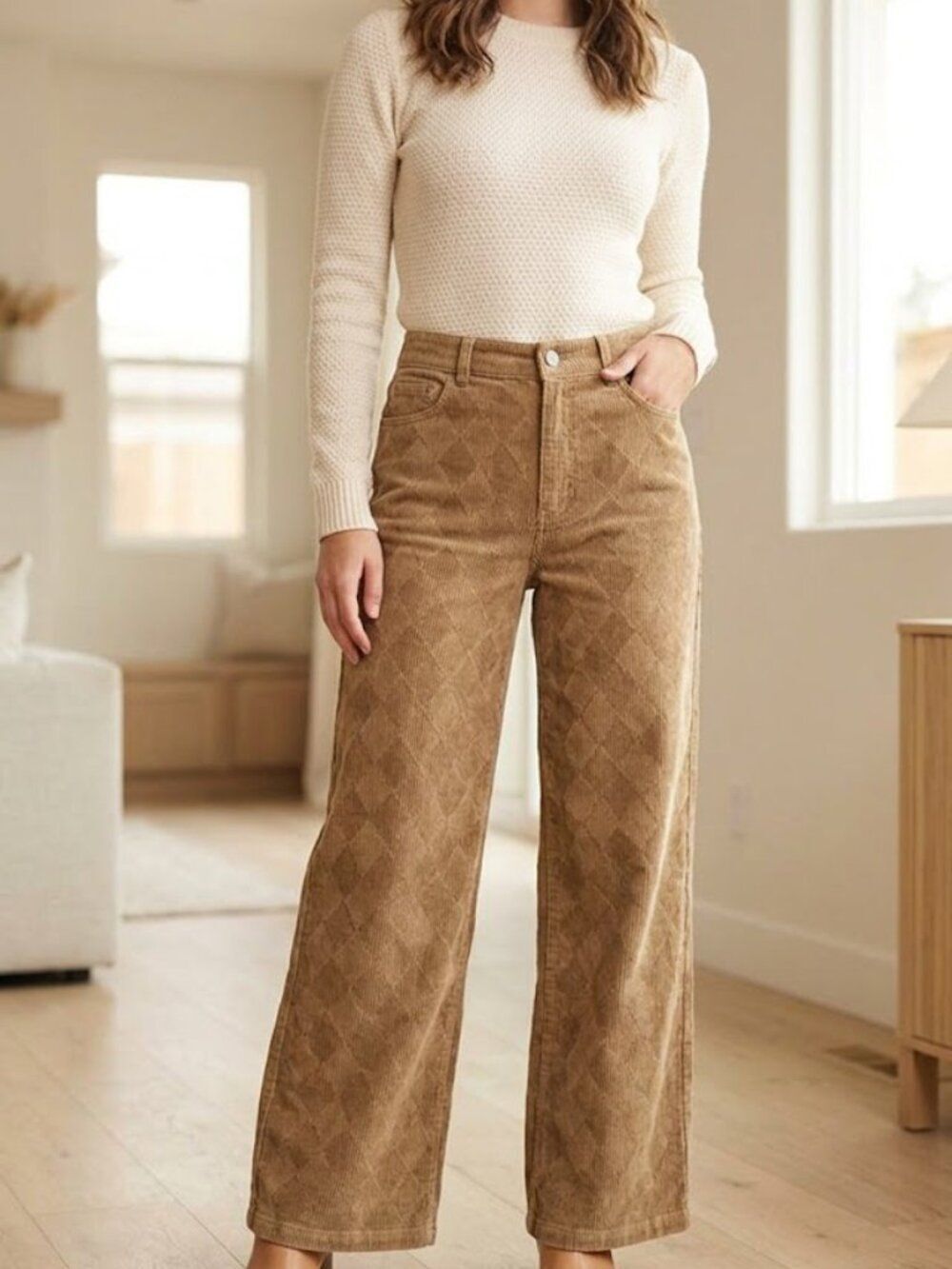 Forever 21 NWT Pink Bark Tan Argyle Corduroy Wide Leg Pants High Rise Sz Large
